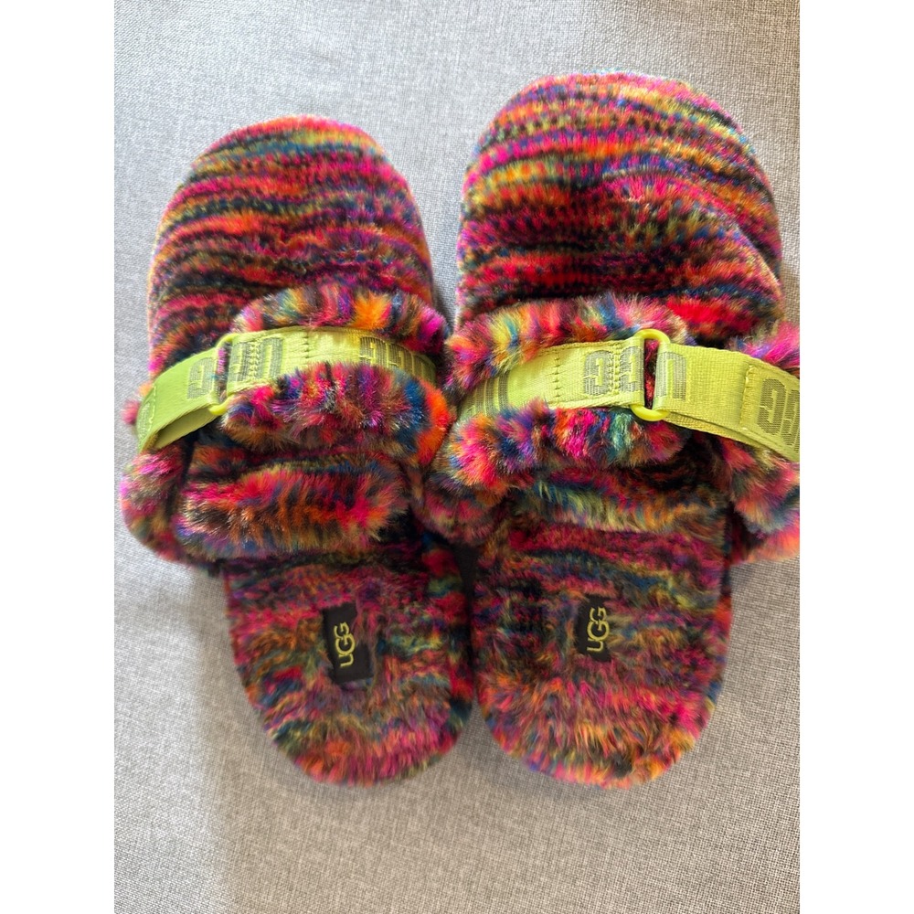 UGG Fuzz Sugar Slide Rainbow Multi Color Faux Fur Slippers 1131550 men’s 9 - Picture 2 of 5